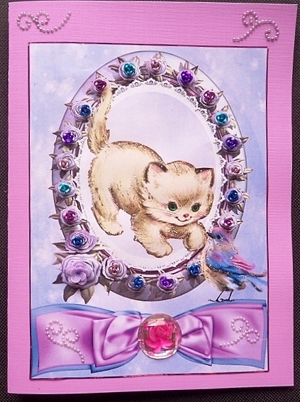 Little Vintage Kitten Playing & Little Bird in Rose Frame A4 by Charmaine Brits