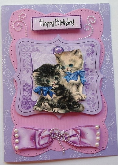 Vintage Kittens on a Tag with Lilac Bow by Charmaine Brits