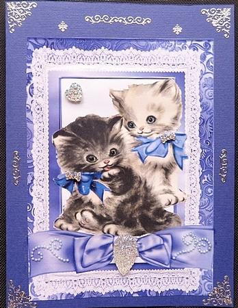 Vintage Kittens in Purple Lace Frame with Bow A4 by Charmaine Brits