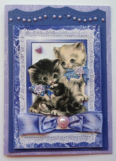 Vintage Kittens in Purple Lace Frame with Bow by Charmaine Brits