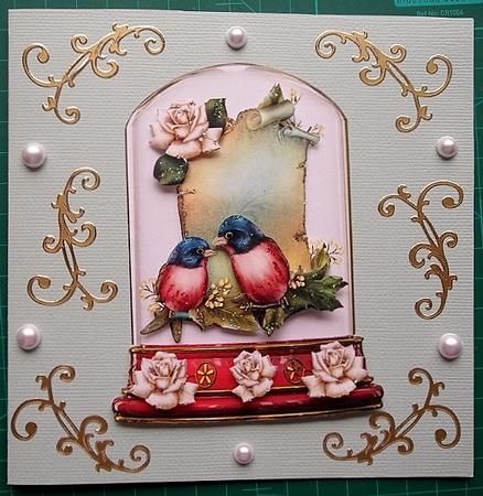Pretty Birds on a Scroll in a Glass Dome with Flowers by Charmaine Brits