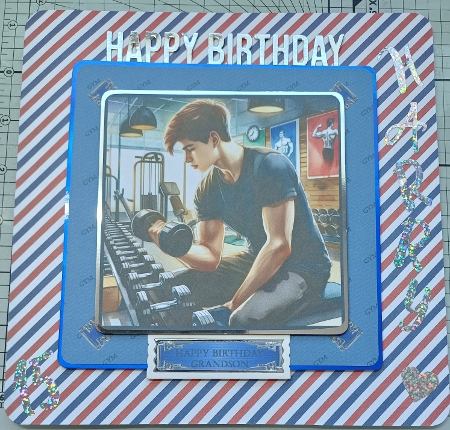 8 x 8 young man at the gym quick card front. by Michelle Sharpe