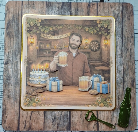 Rustic Pub Birthday Card & Gift Tag Set with Beer, Cake and Presents by Michelle Sharpe