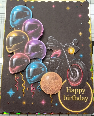 Neon Motorcycle & Helmet Balloons Birthday Topper – Biker Glow Card Front by Michelle Sharpe