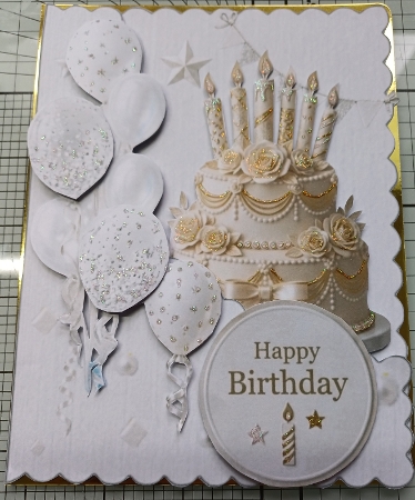 Elegant White & Gold Birthday Cake Topper with Balloons & Stars by Michelle Sharpe
