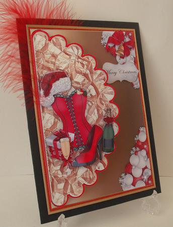 Red Basque with Santa Hat on Gold Scalloped Envelope by Michelle Sharpe