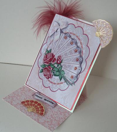 Pretty Ladies Fan with Roses on Lace with Bow by Michelle Sharpe