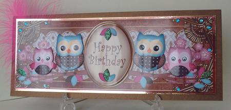 Pink Blue Owls Happy Birthday Large Dl Decoupage Topper by Michelle Sharpe
