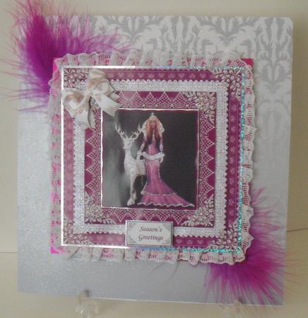 8 x 8 Inch Snow Queen and Reindeer Vintage Style Pink Lace by Michelle Sharpe