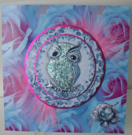 Blue Diamond Owl on Floral Rocker with Roses by Michelle Sharpe