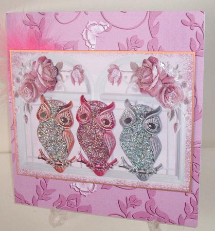 Diamond Owls on Branches with Pink Roses A4 by Michelle Sharpe