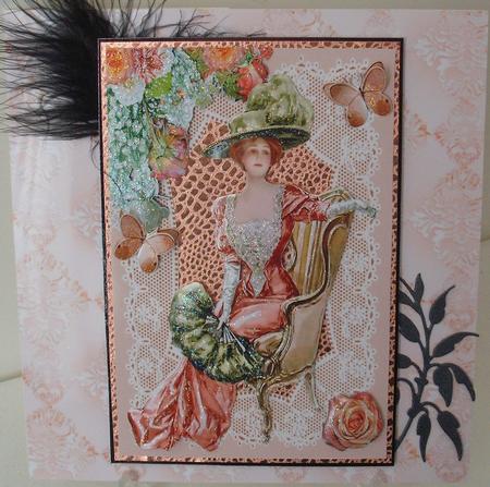 Elegant Lady Sitting with Fan on Peach Lace by Michelle Sharpe
