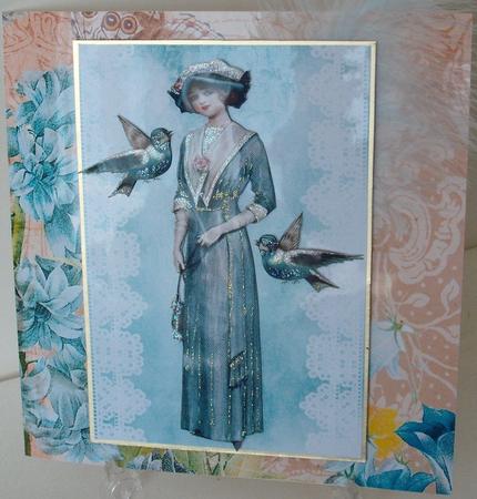 Pretty Vintage Lady with Blue Birds on Lace by Michelle Sharpe