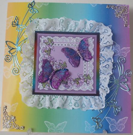 Butterflies and Flowers on Lace Scallop Corner Side Stacker by Michelle Sharpe