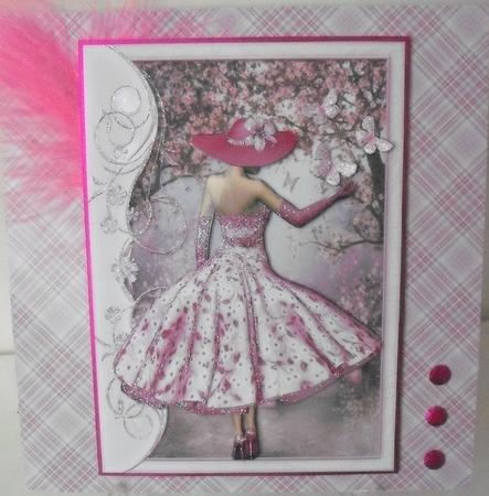 1950's Lady in Pink Catching Butterflies A4 Card Front by Michelle Sharpe