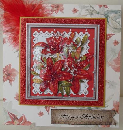 Beautiful Red Lillies on Lace . by Michelle Sharpe