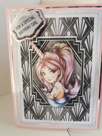 Unicorn Queen 7x5 inch card front with decoupage by Cher Blundell 