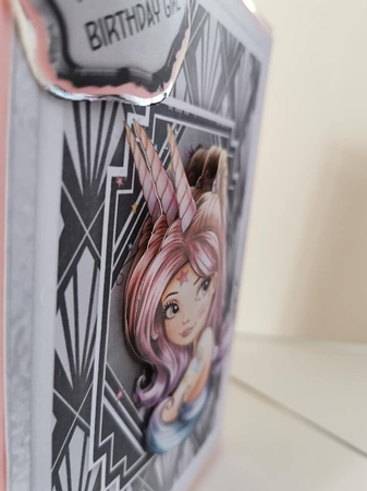 Unicorn Queen 7x5 inch card front with decoupage by Cher Blundell 