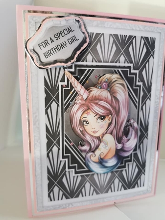 Unicorn Queen 7x5 inch card front with decoupage by Cher Blundell 