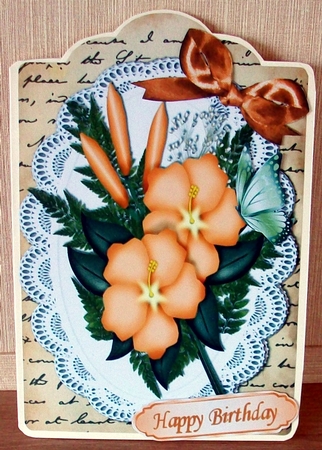 Pretty Peach Flowers on Lace and Script Frame with Bow by Cheryl French