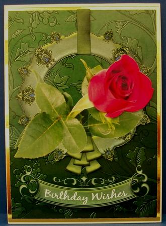 Red Rose & Frame on Green Card Front by Cheryl French