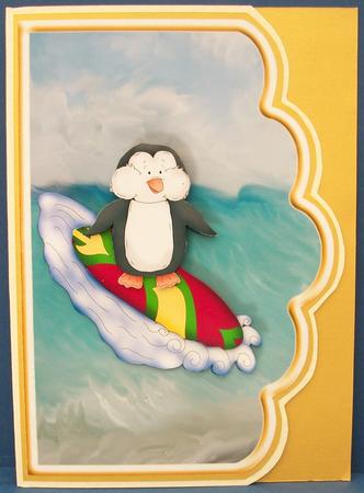 Penguin Surfer Dude Scallope Edge Curve Card by Cheryl French