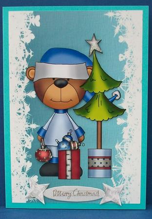 Cute Metalic Blue Christmas Bear by Cheryl French