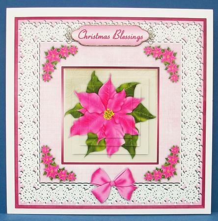 Pink Poinsettia 'n Lace Pyramid Card Front by Cheryl French