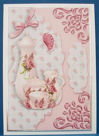 Pink China Tea Set, on Scalloped Envelope by Cheryl French