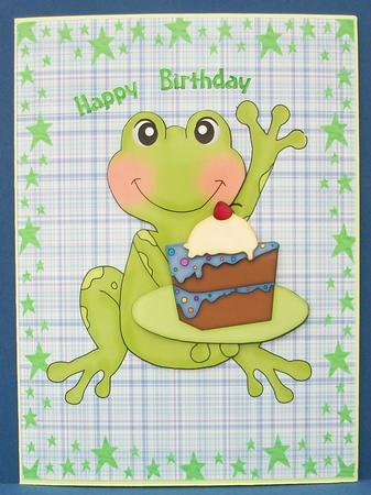 Little Green Birthday Frog with Cake by Cheryl French