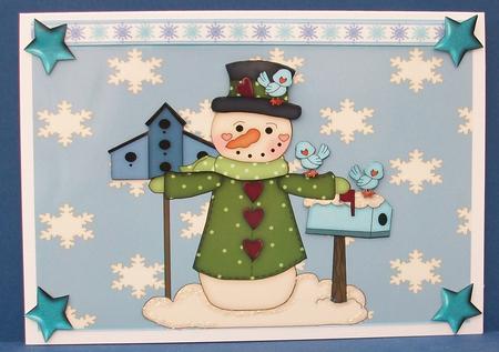 Blue Christmas Snowman with a Bird House by Cheryl French