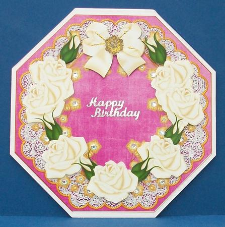 Cream Roses Cerise Lace Octagon 8inch Picture Sheet by Cheryl French