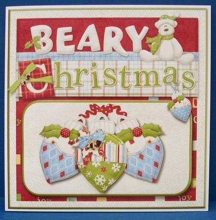 8x8 Beary Christmas Card Front Baubles with Decoupage by Cheryl French