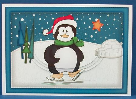 A5 Xmas Skating Penguin Oval Pyramage Topper by Cheryl French