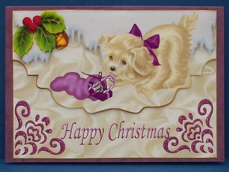 Little White Puppy with Stocking Playing in the Snow by Cheryl French