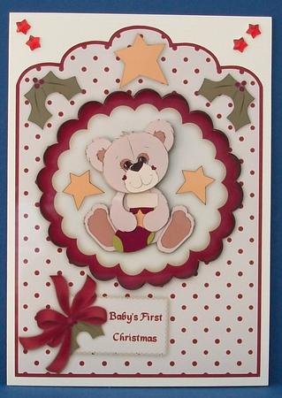 Baby's First Christmas Teddy Scallop Top Card Front by Cheryl French