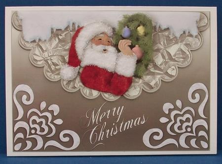 Santa with Christmas Tree on Silver Scalloped Envelope by Cheryl French