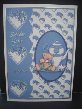 Teatime Teddy and Hearts Card Front and Decoupage in Blue by Cheryl French