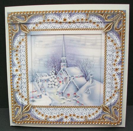 Christmas Blue Church Spiral Edge Stacker Card Front by Cheryl French