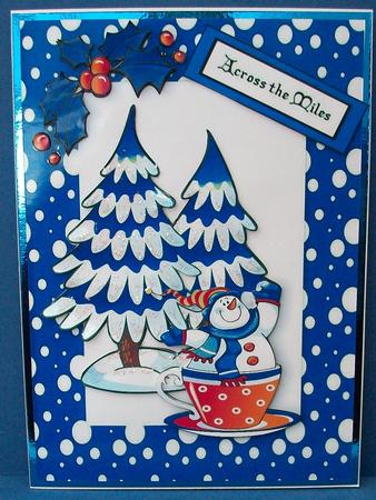 Across the Miles, Snowman in a Teacup Blue Frame by Cheryl French