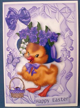 Easter Duckling with Purple Flower Bonnet and Eggs by Cheryl French