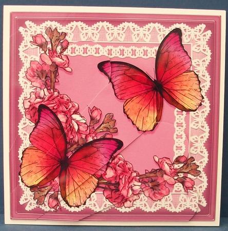 Butterflies and Flowers on Lace Fan Pyramage Topper by Cheryl French