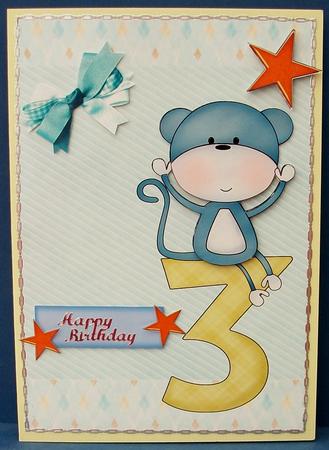 Cuddly Baby Blue Monkey with Number 3 by Cheryl French