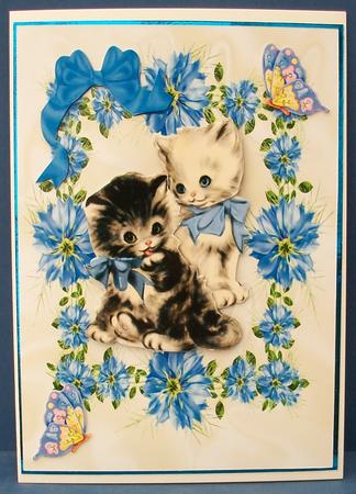 Vintage Kittens in Blue Flower Frame by Cheryl French