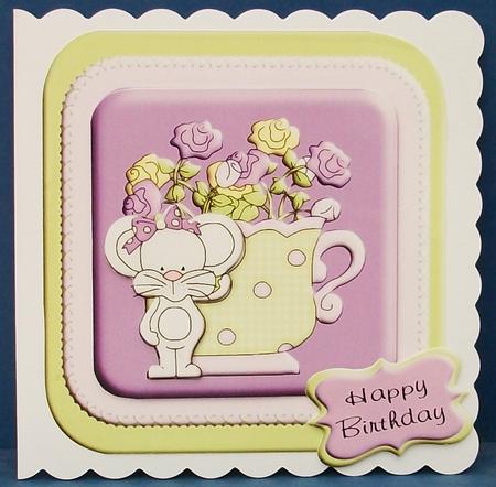 Lavendar and Lime Teacup Mouse Happy Birthday Square by Cheryl French