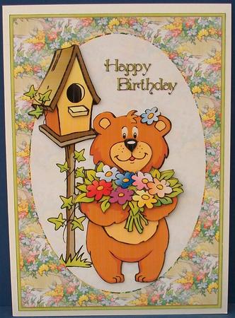 Birthday Flower Bouquet Bear Card Front and Decoupage by Cheryl French