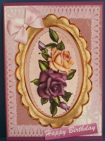 Beautiful A5 Card Front with Lilac Lace and Roses by Cheryl French