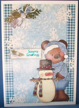 Cute Brown Bear with Snowman by Cheryl French