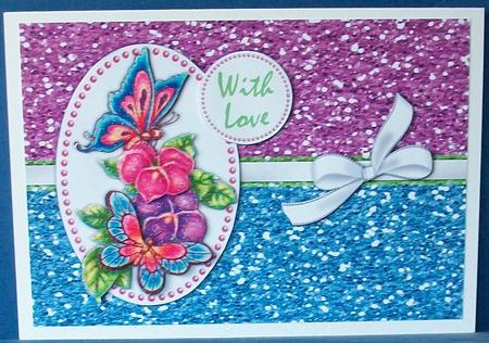 Glittery Butterflies & Flowers Decoupage Card - Blue & Lilac by Cheryl French