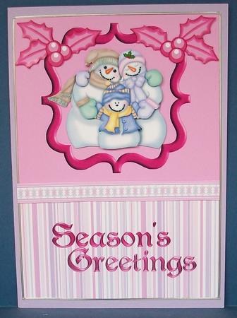 Snowman Family Card Front (pink) by Cheryl French